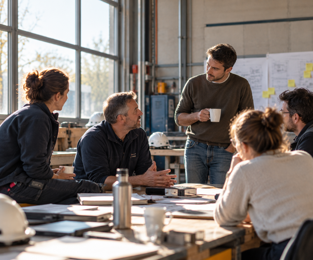 Une équipe échange autour d’une table dans un atelier industriel lumineux